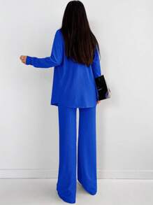 EURMUSE Solid Drop Shoulder Button Up Shirt With Trousers - Blue - View 2