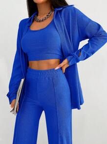 EURMUSE Solid Drop Shoulder Button Up Shirt With Trousers - Blue - View 6