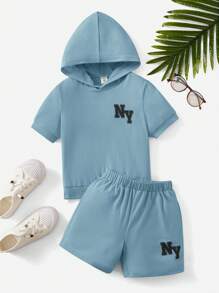 SHEIN Bộ thời trang bé trai Lá thư Giải trí - Màu xanh bụi bặm - Xem 1