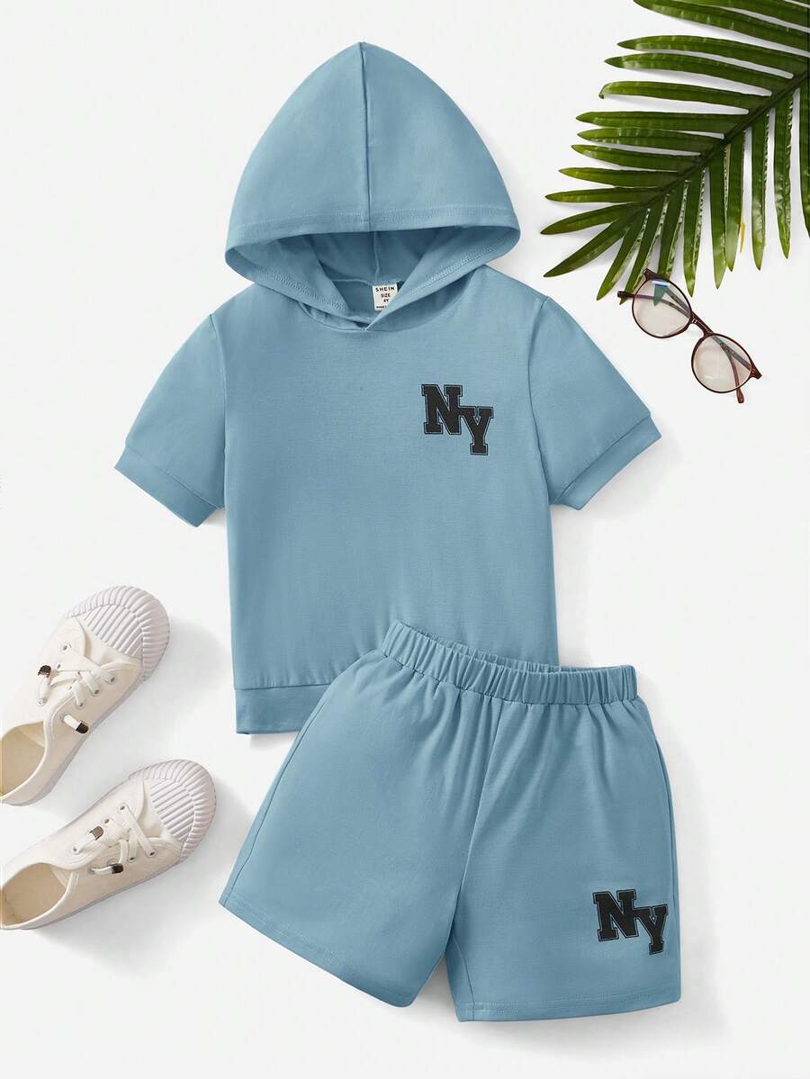 SHEIN Bộ thời trang bé trai Lá thư Giải trí - Màu xanh bụi bặm - Xem 1