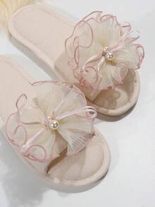 优雅家居时尚布艺珍珠装饰女士家居拖鞋，春/秋