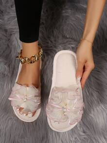 优雅家居时尚布艺珍珠装饰女士家居拖鞋，春/秋