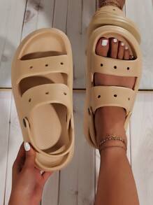 女士鏤空多用途穿戴通風露跟時尚洞洞鞋 - 卡其色 - 查看 1