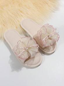 优雅家居时尚布艺珍珠装饰女士家居拖鞋，春/秋