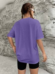SHEIN EZwear 標語圖案落肩T恤 - 紫色 - 查看 2
