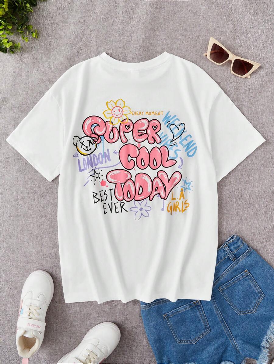 SHEIN 青少年女孩標語圖案T恤 - 白色 - 查看 1