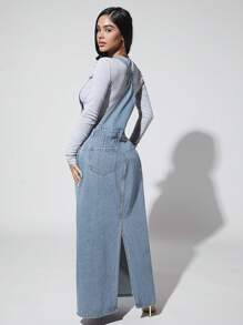 SHEIN SXY 斜口袋牛仔背帶裙不帶T恤 - 淺色水洗藍 - 查看 2