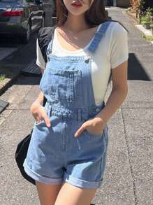 DAZY 女士休闲牛仔背带短裤，夏季牛仔连体裤 - 淺色水洗藍 - 查看 7