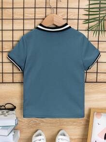 SHEIN Leap Crew Young Boy Coconut Tree Pattern Polo Shirt, Color Block Short Sleeve Casual Everyday Wear, Suitable For Summer - Dusty Blue - View 2