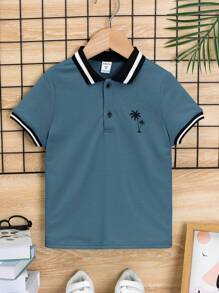 SHEIN Leap Crew Young Boy Coconut Tree Pattern Polo Shirt, Color Block Short Sleeve Casual Everyday Wear, Suitable For Summer - Dusty Blue - View 3