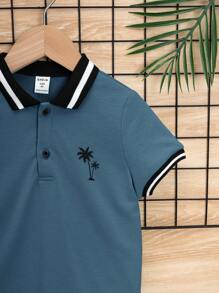 SHEIN Leap Crew Young Boy Coconut Tree Pattern Polo Shirt, Color Block Short Sleeve Casual Everyday Wear, Suitable For Summer - Dusty Blue - View 4