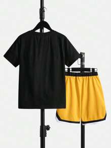 SHEIN Tween Boy Letter Graphic Tee & Striped Trim Shorts - Yellow - View 2
