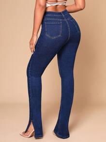 SHEIN SXY Split Hem Skinny Jeans - Dark Wash - View 3