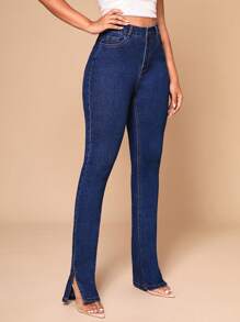 SHEIN SXY Split Hem Skinny Jeans - Dark Wash - View 4