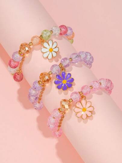 3pcs Girls Sweet Daisy Decor Zinc Alloy Beaded Bracelet Set For Gift