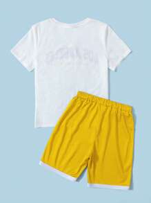 SHEIN Boys Letter Graphic Tee & Drawstring Waist Shorts - Yellow - View 2