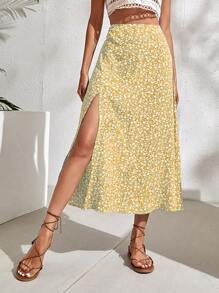 SHEIN Holidaya 小碎花高衩半身裙