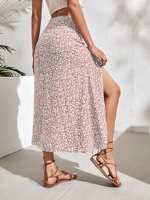 SHEIN Holidaya 碎花开叉大腿裙长款度假海滩装女装 - 粉色 - 查看 2