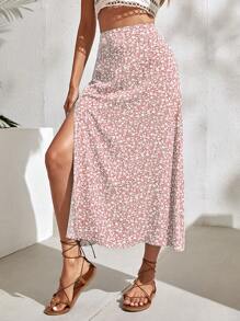 SHEIN Holidaya 碎花开叉大腿裙长款度假海滩装女装 - 粉色 - 查看 3