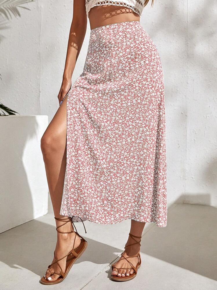 SHEIN Holidaya Ditsy Floral Split Thigh Skirt Maxi Vacation Beach Outfits Women - Pink - View 3