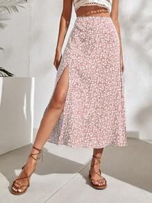 SHEIN Holidaya 碎花开叉大腿裙长款度假海滩装女装 - 粉色 - 查看 4