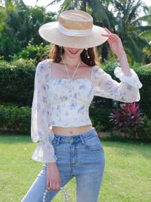 Camisa crop con estampado floral de manga con volante - Blanco - Ver 1