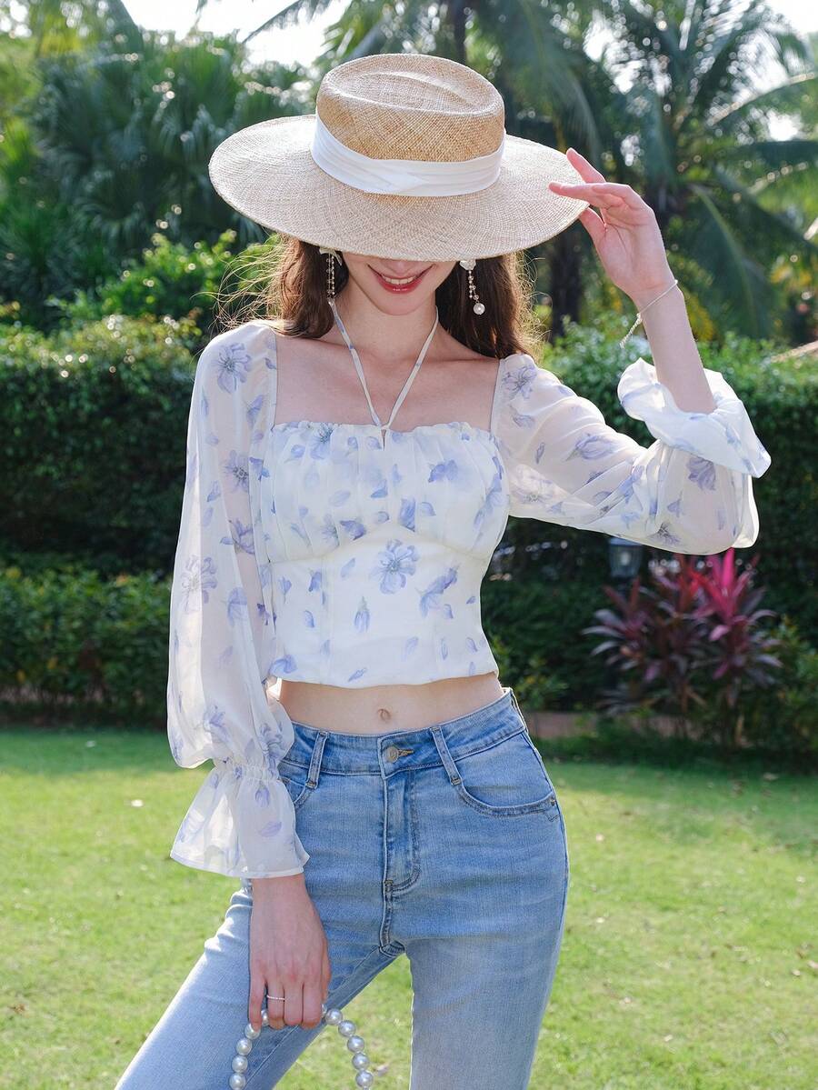 Camisa crop con estampado floral de manga con volante - Blanco - Ver 1