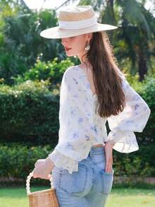 Camisa crop con estampado floral de manga con volante - Blanco - Ver 2