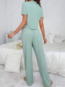 木耳邊前紐扣休閒服套裝 - 薄荷綠 - 查看 2