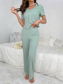 木耳邊前紐扣休閒服套裝 - 薄荷綠 - 查看 3