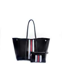 Striped Pattern Shoulder Tote Bag With Purse - Black - View 1