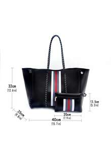 Striped Pattern Shoulder Tote Bag With Purse - Black - View 4