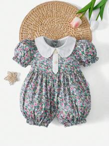 SHEIN Rompers Em bé Tương phản ren viền lá sen Dây kéo Nút phía trước Họa tiết hoa - Nhiều màu - Xem 1