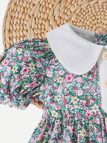 SHEIN Rompers Em bé Tương phản ren viền lá sen Dây kéo Nút phía trước Họa tiết hoa - Nhiều màu - Xem 3