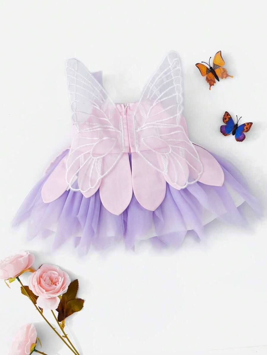 SHEIN Newborn Baby Butterfly Design Contrast Mesh Wing Decor  Dress - Multicolor - View 1