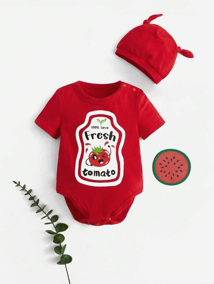SHEIN 新生兒卡通圖案戲服連體衣和帽 - 紅色 - 查看 1