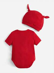 SHEIN 新生兒卡通圖案戲服連體衣和帽 - 紅色 - 查看 2