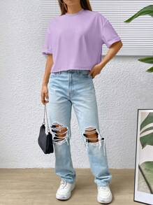 SHEIN EZwear Solid Drop Shoulder Tee - Lilac Purple - View 4