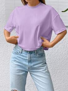 SHEIN EZwear Solid Drop Shoulder Tee - Lilac Purple - View 5