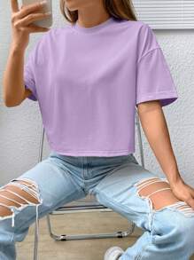 SHEIN EZwear Solid Drop Shoulder Tee - Lilac Purple - View 6