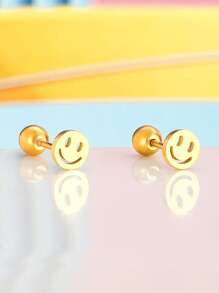 1 Pair Petite Stainless Steel Face Stud Earrings, Delicate Jewelry Gift For Girls, Friends