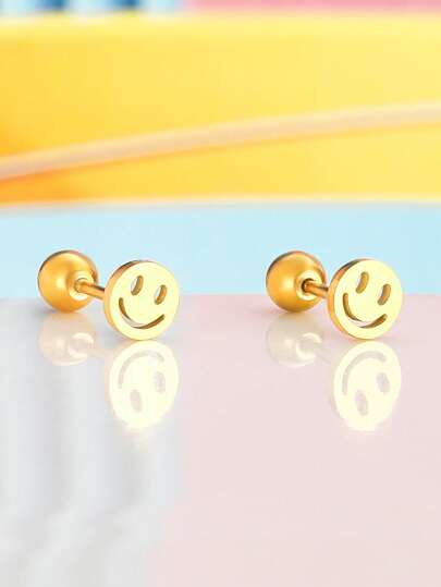 1 Pair Petite Stainless Steel Face Stud Earrings, Delicate Jewelry Gift For Girls, Friends