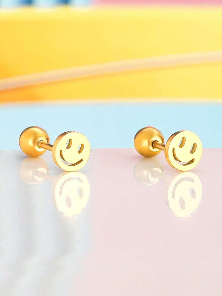 1 Pair Petite Stainless Steel Face Stud Earrings, Delicate Jewelry Gift For Girls, Friends