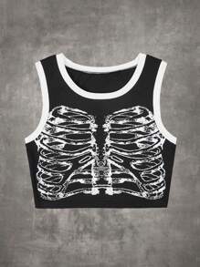 ROMWE Grunge Punk Skeleton Print Contrast Binding Tank Top - Black and White - View 1