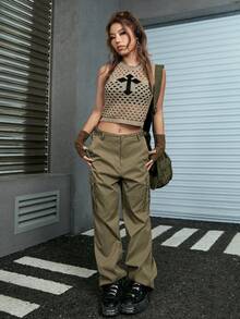 ROMWE Grunge Punk Chaleco de punto crop patrón cruzado sin guantes - Caqui - Ver 4