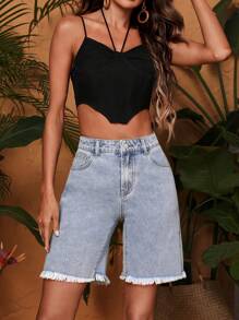 SHEIN VCAY 高腰毛邊牛仔短褲 - 淺色水洗藍 - 查看 1