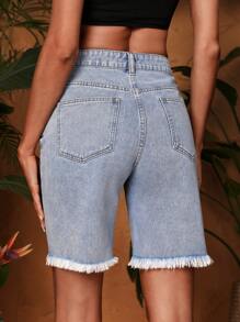 SHEIN VCAY 高腰毛邊牛仔短褲 - 淺色水洗藍 - 查看 2