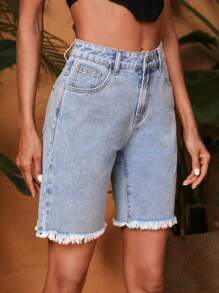 SHEIN VCAY 高腰毛邊牛仔短褲 - 淺色水洗藍 - 查看 3