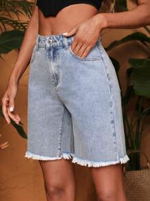 SHEIN VCAY 高腰毛邊牛仔短褲 - 淺色水洗藍 - 查看 4