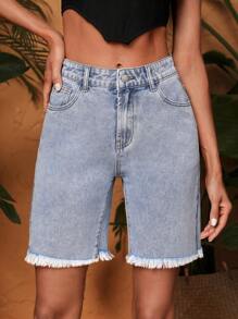 SHEIN VCAY 高腰毛邊牛仔短褲 - 淺色水洗藍 - 查看 5